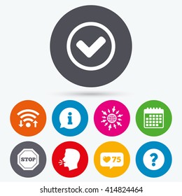 Wifi, like counter and calendar icons. Information icons. Stop prohibition and question FAQ mark signs. Approved check mark symbol. Human talk, go to web.