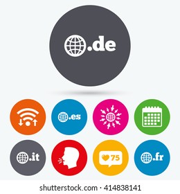 Wifi, like counter and calendar icons. Top-level internet domain icons. De, It, Es and Fr symbols with globe. Unique national DNS names. Human talk, go to web.