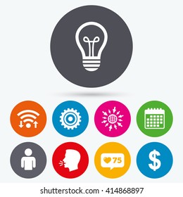 Wifi, like counter and calendar icons. Business icons. Human silhouette and lamp bulb idea signs. Dollar currency and gear symbols. Human talk, go to web.