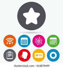 Wifi, like counter and calendar icons. Calendar and Star favorite icons. Checklist and cogwheel gear sign symbols. Human talk, go to web.