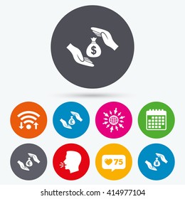 Wifi, like counter and calendar icons. Hands insurance icons. Money bag savings insurance symbols. Hands protect cash. Currency in dollars, yen, pounds and euro signs. Human talk, go to web.