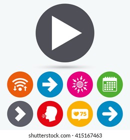 Wifi, like counter and calendar icons. Arrow icons. Next navigation arrowhead signs. Direction symbols. Human talk, go to web.