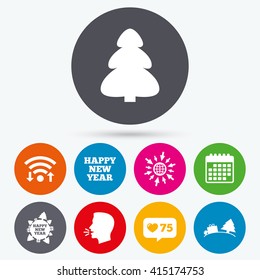Wifi, like counter and calendar icons. Happy new year icon. Christmas trees signs. World globe symbol. Human talk, go to web.