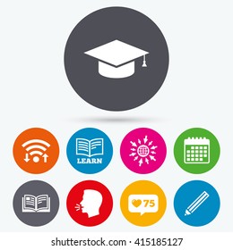Wifi, like counter and calendar icons. Pencil and open book icons. Graduation cap symbol. Higher education learn signs. Human talk, go to web.