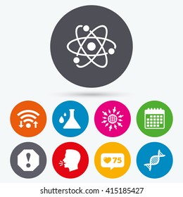 Wifi, like counter and calendar icons. Attention and DNA icons. Chemistry flask sign. Atom symbol. Human talk, go to web.