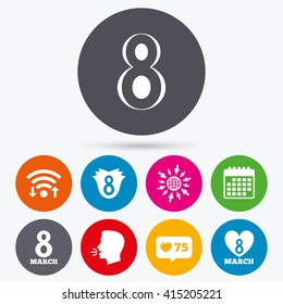 Wifi, like counter and calendar icons. 8 March Women's Day icons. Tulip or rose flower and heart sign symbols. Human talk, go to web.