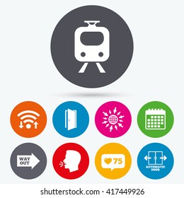 Wifi, like counter and calendar icons. Train railway icon. Automatic door symbol. Way out arrow sign. Human talk, go to web.