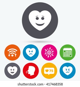 Wifi, like counter and calendar icons. Heart smile face icons. Happy, sad, cry signs. Happy smiley chat symbol. Sadness depression and crying signs. Human talk, go to web.