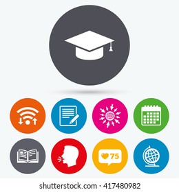 Wifi, like counter and calendar icons. Pencil with document and open book icons. Graduation cap and geography globe symbols. Learn signs. Human talk, go to web.