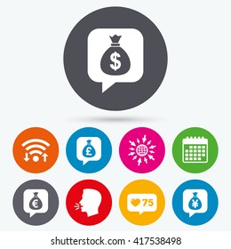 Wifi, like counter and calendar icons. Money bag icons. Dollar, Euro, Pound and Yen speech bubbles symbols. USD, EUR, GBP and JPY currency signs. Human talk, go to web.