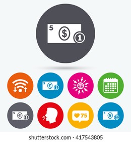 Wifi, like counter and calendar icons. Businessman case icons. Dollar, yen, euro and pound currency sign symbols. Human talk, go to web.