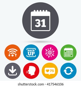 Wifi, like counter and calendar icons. Download and Backup data icons. Calendar and rotation arrows sign symbols. Human talk, go to web.