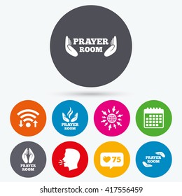 Wifi, like counter and calendar icons. Prayer room icons. Religion priest faith symbols. Pray with hands. Human talk, go to web.