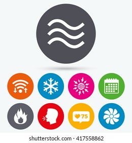 Wifi, like counter and calendar icons. HVAC icons. Heating, ventilating and air conditioning symbols. Water supply. Climate control technology signs. Human talk, go to web.