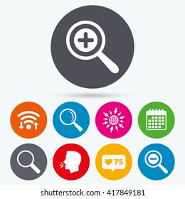Wifi, like counter and calendar icons. Magnifier glass icons. Plus and minus zoom tool symbols. Search information signs. Human talk, go to web.