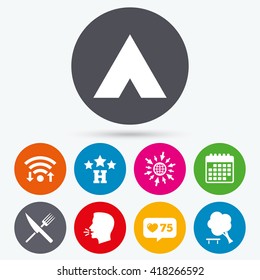 Wifi, like counter and calendar icons. Food, hotel, camping tent and tree icons. Knife and fork. Break down tree. Road signs. Human talk, go to web.