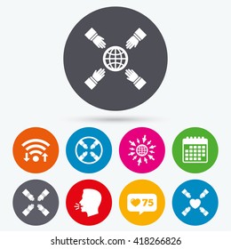 Wifi, like counter and calendar icons. Teamwork icons. Helping Hands with globe and heart symbols. Group of employees working together. Human talk, go to web.