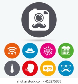 Wifi, like counter and calendar icons. Hipster photo camera with mustache icon. Glasses and tie symbols. Classic hat headdress sign. Human talk, go to web.