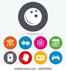 Wifi, like counter and calendar icons. Bowling and Casino icons. Video game joystick and playing card with dice symbols. Entertainment signs. Human talk, go to web.