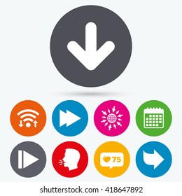 Wifi, like counter and calendar icons. Arrow icons. Next navigation arrowhead signs. Direction symbols. Human talk, go to web.
