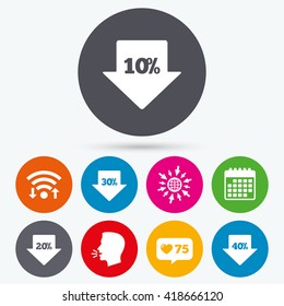 Wifi, like counter and calendar icons. Sale arrow tag icons. Discount special offer symbols. 10%, 20%, 30% and 40% percent discount signs. Human talk, go to web.