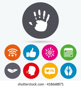 Wifi, like counter and calendar icons. Hand icons. Like thumb up symbol. Insurance protection sign. Human helping donation hand. Prayer hands. Human talk, go to web.