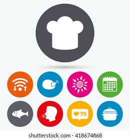 Wifi, like counter and calendar icons. Chief hat and cooking pan icons. Fish and chicken signs. Boil or stew food symbol. Human talk, go to web.