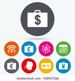 Wifi, like counter and calendar icons. Businessman case icons. Cash money diplomat signs. Dollar, euro and pound symbols. Human talk, go to web.