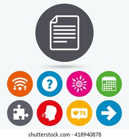 Wifi, like counter and calendar icons. Question mark and puzzle piece icons. Document file and next arrow sign symbols. Human talk, go to web.