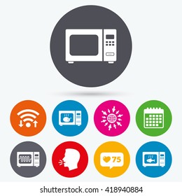 Wifi, like counter and calendar icons. Microwave oven icons. Cook in electric stove symbols. Grill chicken and fish signs. Human talk, go to web.