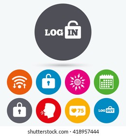 Wifi, like counter and calendar icons. Login and Logout icons. Sign in or Sign out symbols. Lock icon. Human talk, go to web.