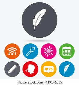 Wifi, like counter and calendar icons. Feather retro pen icons. Paint brush and pencil symbols. Artist tools signs. Human talk, go to web.