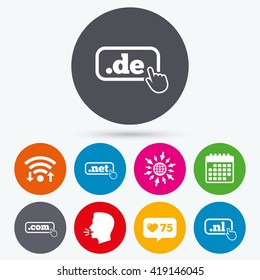 Wifi, like counter and calendar icons. Top-level internet domain icons. De, Com, Net and Nl symbols with hand pointer. Unique national DNS names. Human talk, go to web.