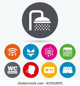 Wifi, like counter and calendar icons. Swimming pool icons. Shower water drops and swimwear symbols. WC Toilet sign. Trunks and women underwear. Human talk, go to web.
