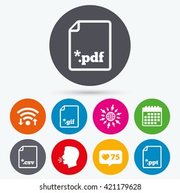 Wifi, like counter and calendar icons. Download document icons. File extensions symbols. PDF, GIF, CSV and PPT presentation signs. Human talk, go to web.