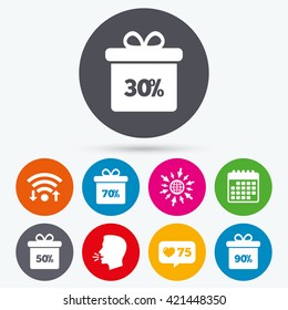 Wifi, like counter and calendar icons. Sale gift box tag icons. Discount special offer symbols. 30%, 50%, 70% and 90% percent discount signs. Human talk, go to web.
