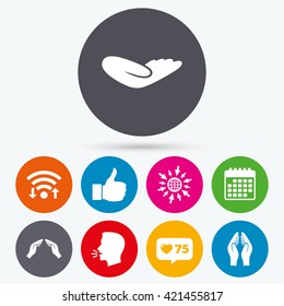 Wifi, like counter and calendar icons. Hand icons. Like thumb up symbol. Insurance protection sign. Human helping donation hand. Prayer hands. Human talk, go to web.