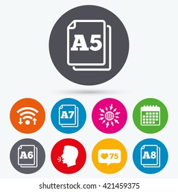 Wifi, like counter and calendar icons. Paper size standard icons. Document symbols. A5, A6, A7 and A8 page signs. Human talk, go to web.