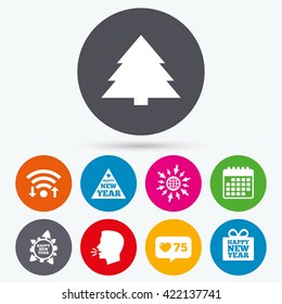 Wifi, like counter and calendar icons. Happy new year icon. Christmas trees signs. World globe symbol. Human talk, go to web.