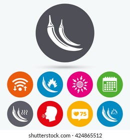 Wifi, like counter and calendar icons. Hot chili pepper icons. Spicy food fire sign symbols. Human talk, go to web.