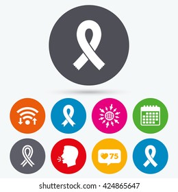 Wifi, like counter and calendar icons. Breast cancer awareness icons. Ribbon sign symbols. Human talk, go to web.