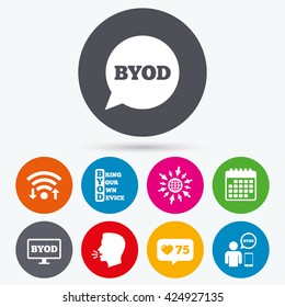 Wifi, like counter and calendar icons. BYOD icons. Human with notebook and smartphone signs. Speech bubble symbol. Human talk, go to web.