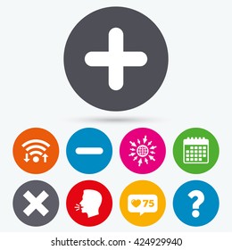 Wifi, like counter and calendar icons. Plus and minus icons. Delete and question FAQ mark signs. Enlarge zoom symbol. Human talk, go to web.