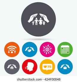 Wifi, like counter and calendar icons. Hands insurance icons. Human life insurance symbols. Nature leaf protection symbol. House property insurance sign. Human talk, go to web.