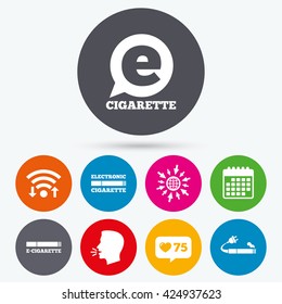 Wifi, like counter and calendar icons. E-Cigarette with plug icons. Electronic smoking symbols. Speech bubble sign. Human talk, go to web.