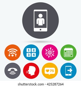 Wifi, like counter and calendar icons. Phone icons. Smartphone video call sign. Call center support symbol. Cellphone keyboard symbol. Human talk, go to web.