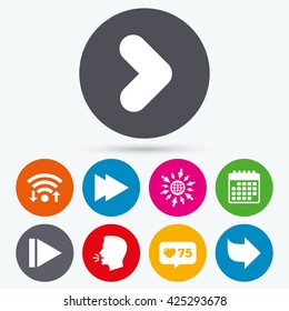 Wifi, like counter and calendar icons. Arrow icons. Next navigation arrowhead signs. Direction symbols. Human talk, go to web.