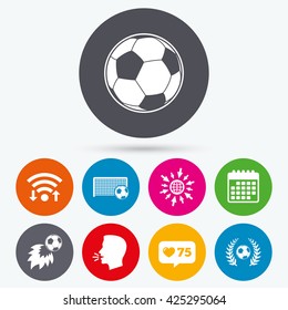 Wifi, like counter and calendar icons. Football icons. Soccer ball sport sign. Goalkeeper gate symbol. Winner award laurel wreath. Goalscorer fireball. Human talk, go to web.