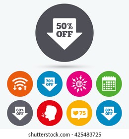Wifi, like counter and calendar icons. Sale arrow tag icons. Discount special offer symbols. 50%, 60%, 70% and 80% percent off signs. Human talk, go to web.