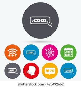 Wifi, like counter and calendar icons. Top-level internet domain icons. Com, Eu, Net and Org symbols with cursor pointer. Unique DNS names. Human talk, go to web.